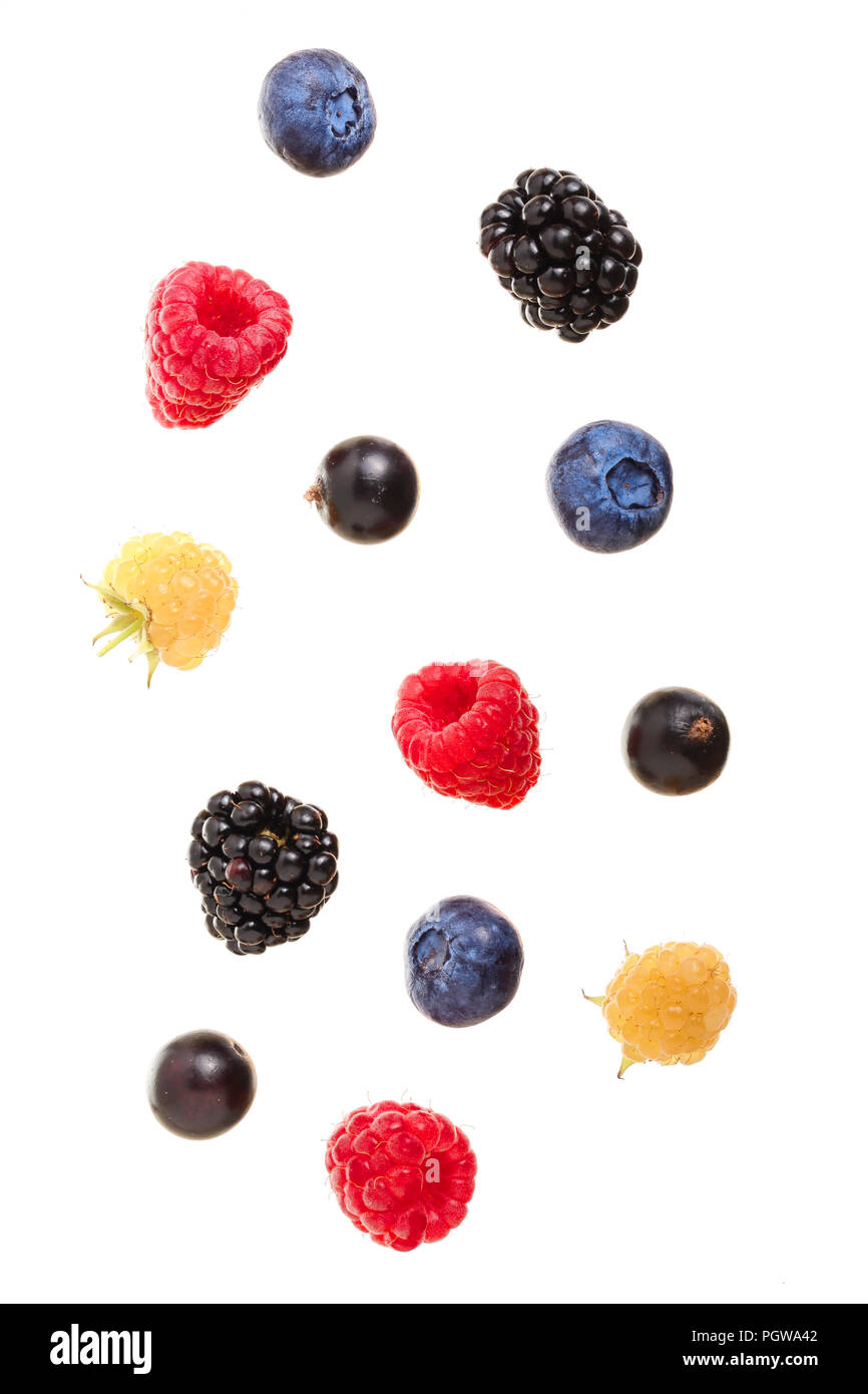 blackberry blueberry raspberry black currant isolated on white background. Top view. Flat lay pattern Stock Photo