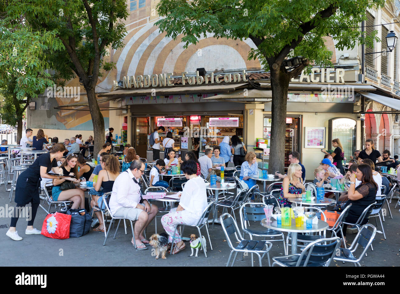 LYON, FRANCE- AUGUST 21, 2018: Bouchon -traditional local glacier in Lyon where you eat specialties from Lyon and the region. There are 30 Bouchons in Stock Photo