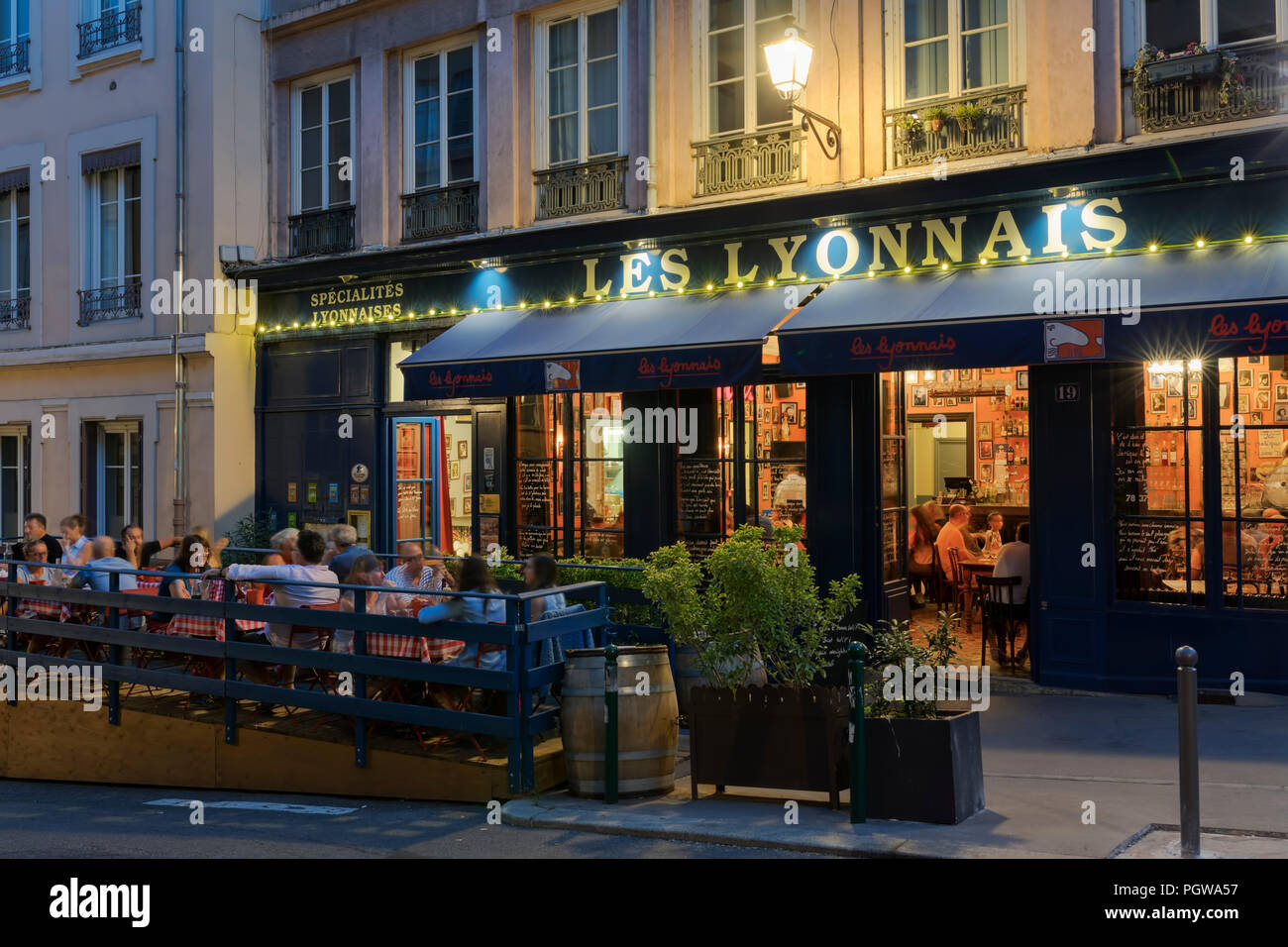 LYON, FRANCE- AUGUST 21, 2018: Bouchon -traditional local restaurant in Lyon where you eat specialties from Lyon and the region. There are 30 Bouchons Stock Photo