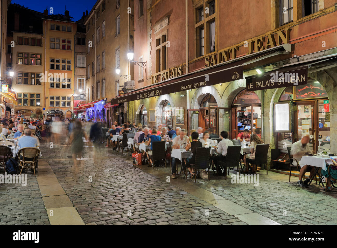 LYON, FRANCE- AUGUST 21, 2018: Bouchon -traditional local restaurant in Lyon where you eat specialties from Lyon and the region. There are 30 Bouchons Stock Photo