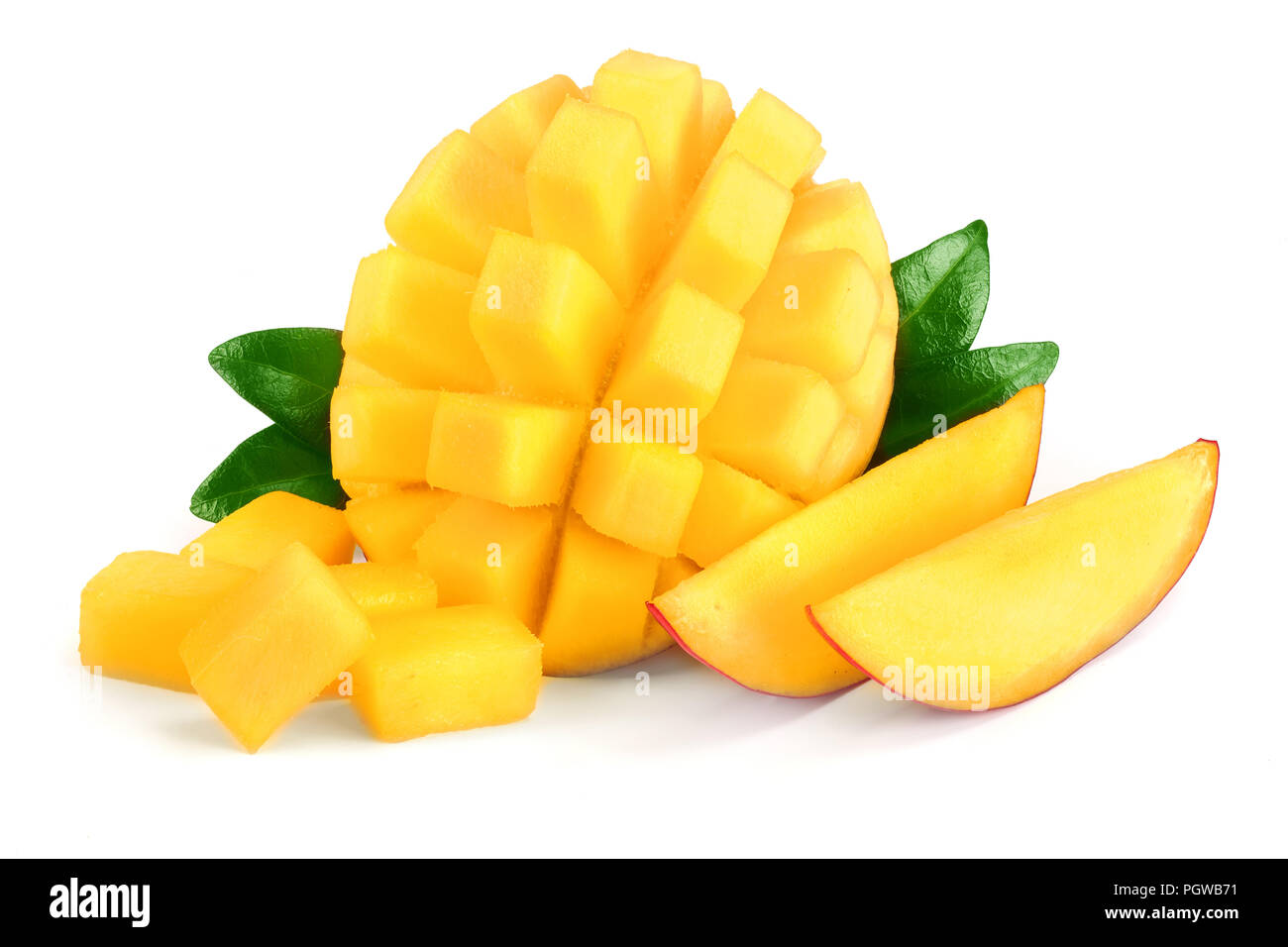 Mango fruit half with leaves and slices isolated on white background  close-up Stock Photo - Alamy