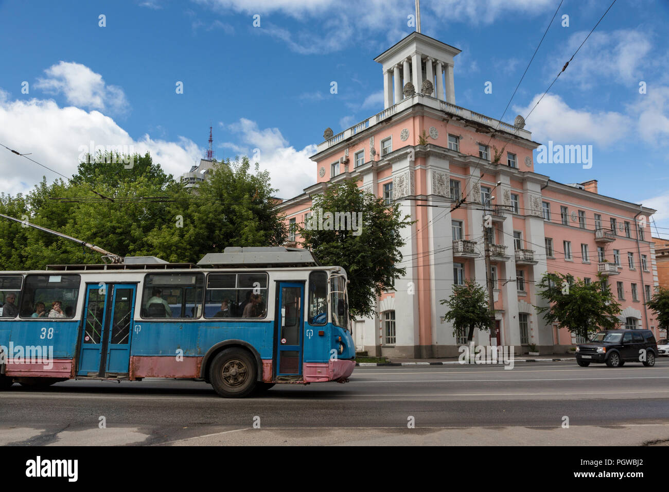 View of the House with a Belvedere on Sovetskaya Street in the center of Tver town, Russia Stock Photo
