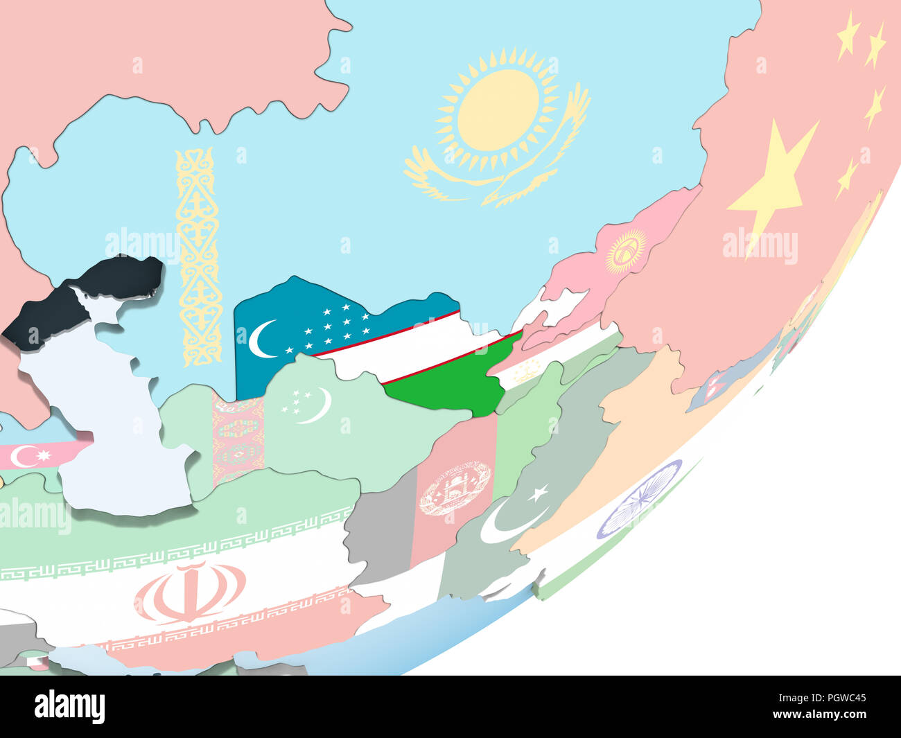 Uzbekistan on bright political globe with embedded flag. 3D ...