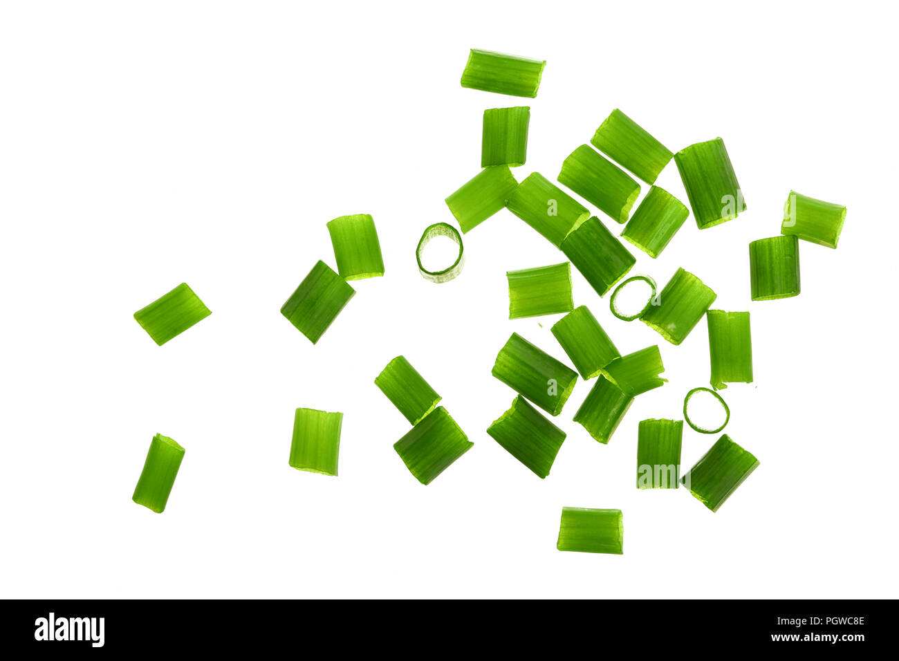 Chopped fresh green onions isolated on white background. Top view. Flat lay Stock Photo