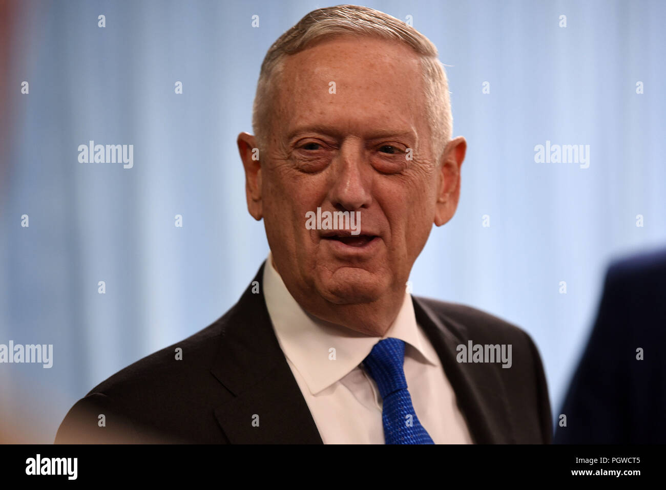 U.S. Secretary of Defense James N. Mattis greets reporters before a joint press conference with the chairman of the Joint Chiefs of Staff, Marine Corps Gen. Joseph F. Dunford, at the Pentagon, Arlington, Va., Aug. 28, 2018. DoD photo by Lisa Ferdinando Stock Photo