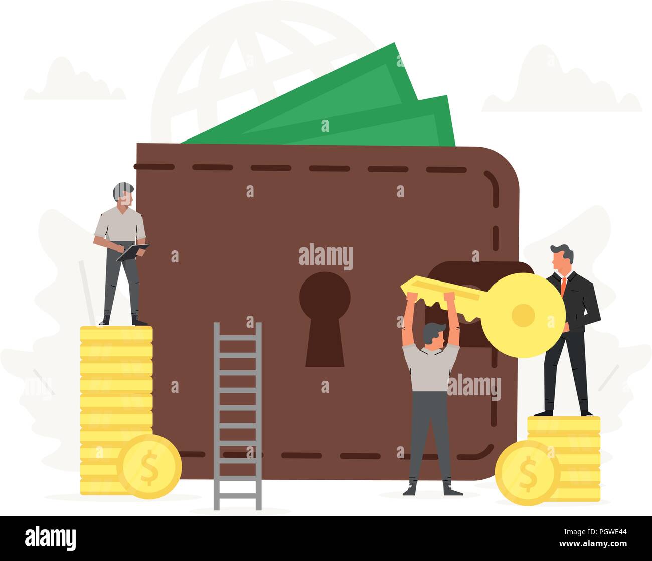 Large wallet and coins with small working people around it. Investment, saving money, concept of online payments, open purse illustration. Stock Vector