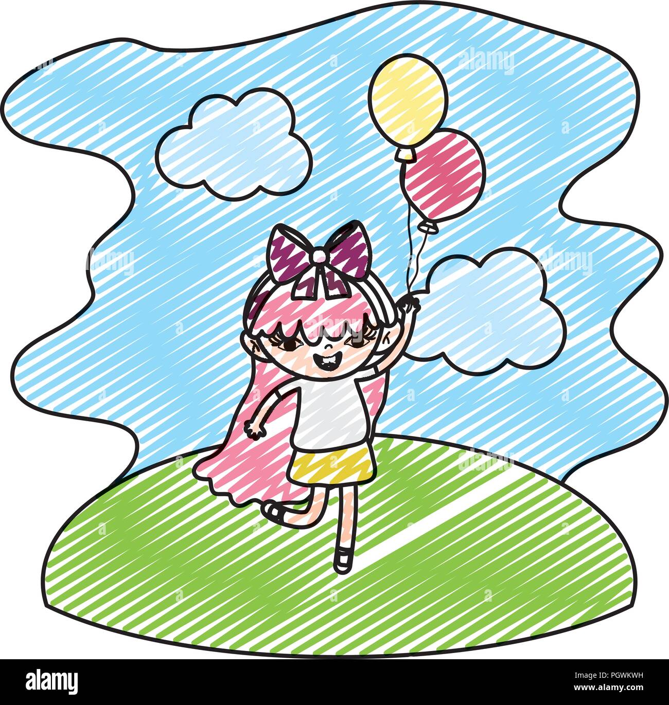 doodle girl child with nice balloons in the landscape Stock Vector ...