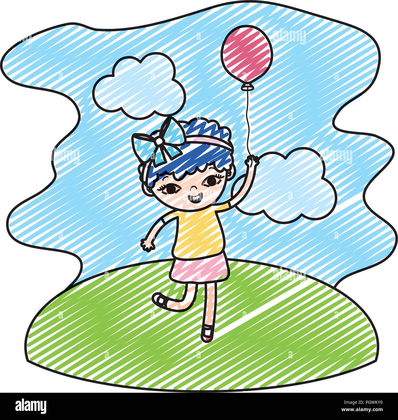 doodle girl child with cute balloon in the landscape Stock Vector Image ...