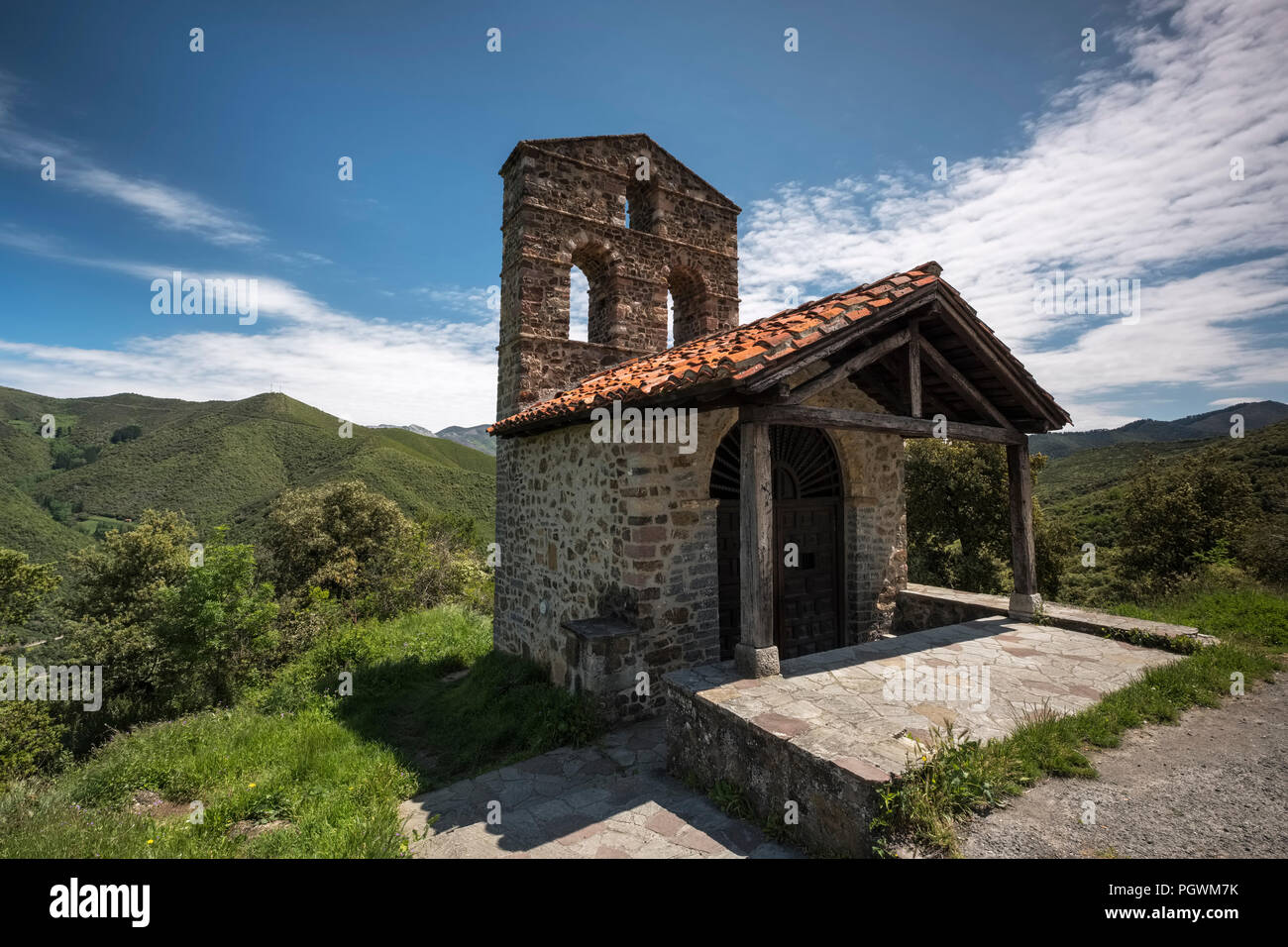 Chapel Ermita de San Miguel, Camaleño Municipality, Picos de Europa, Cantabria, Spain Stock Photo