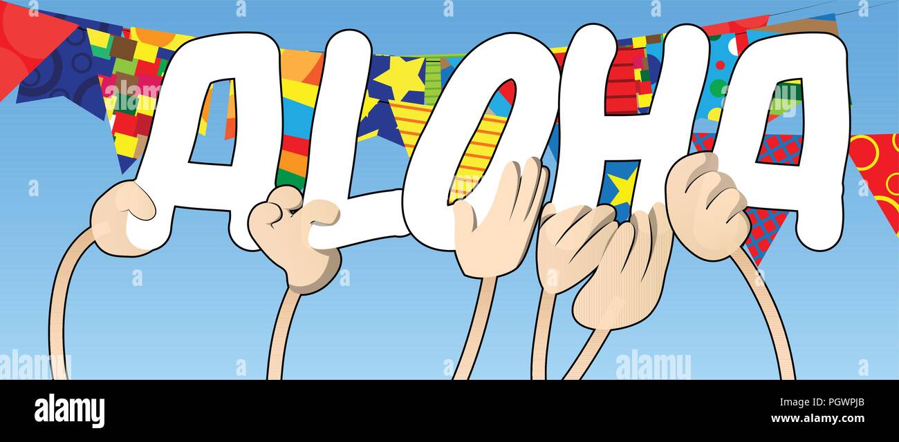 Diverse hands holding letters of the alphabet created the word Aloha (Hello in Hawaii). Vector