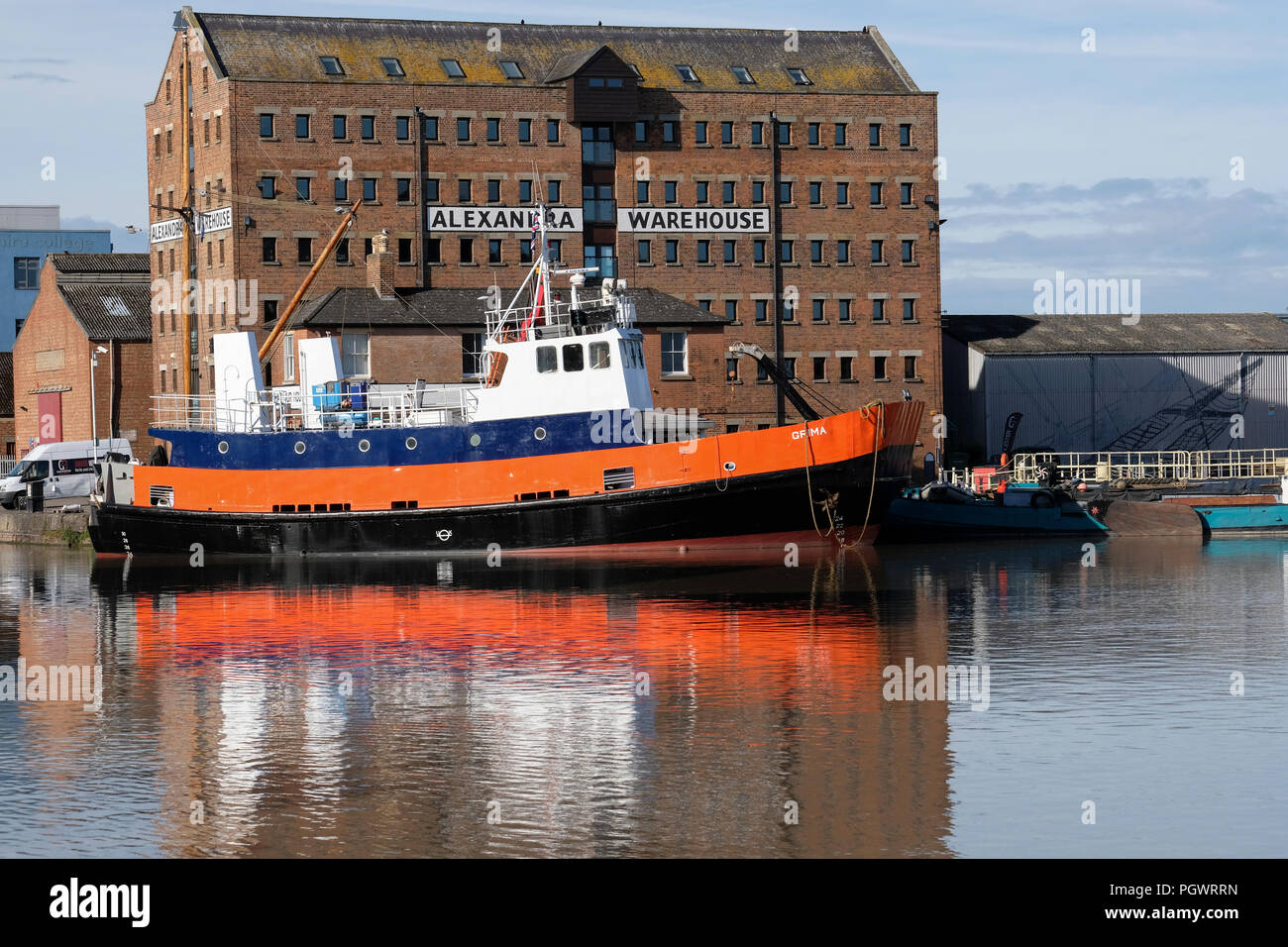 Workboat Grima in Gloucester docks for maintenance and repairs Stock Photo