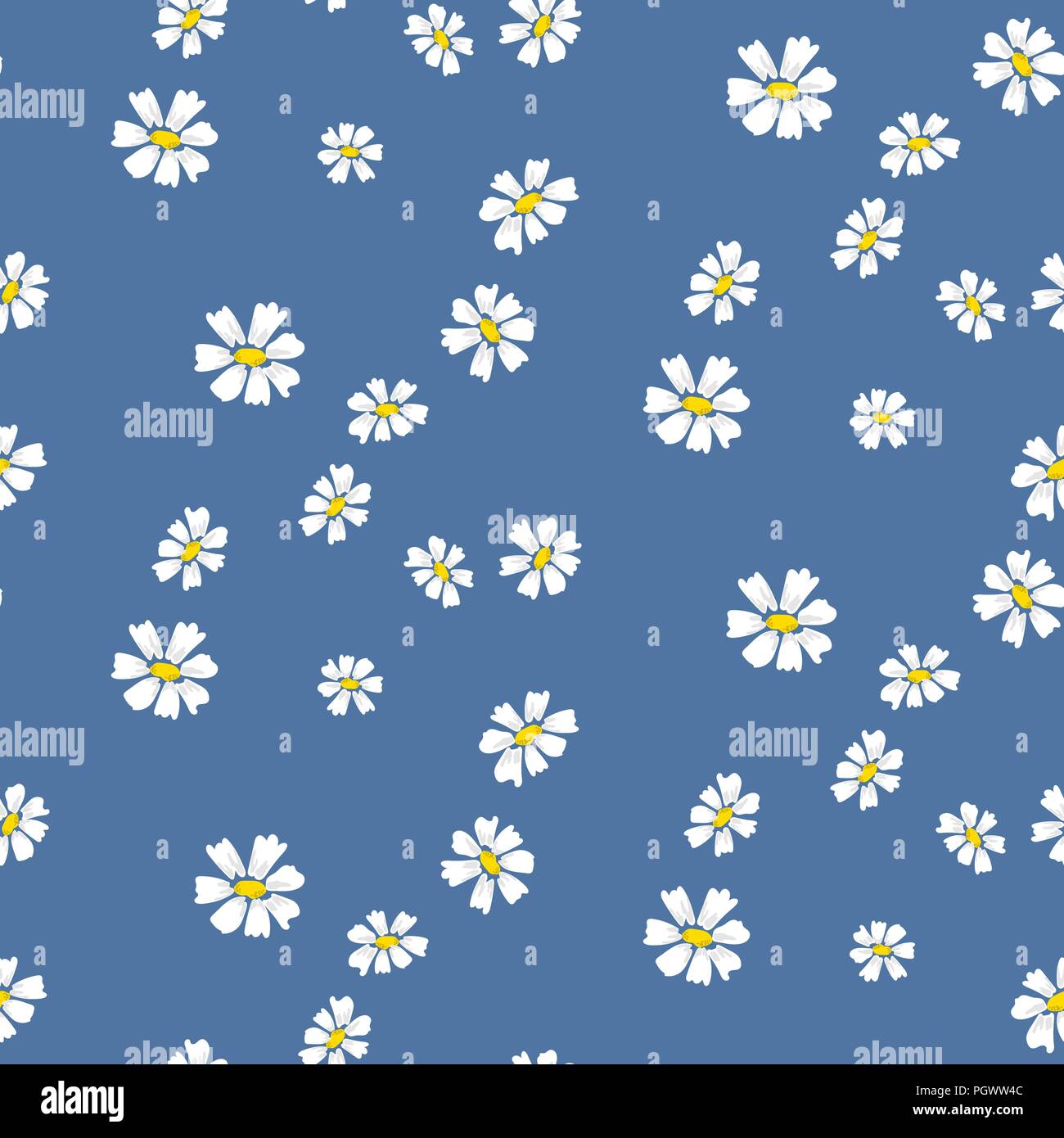 Retro daisy simple blue florals seamless vector pattern. Stock Vector