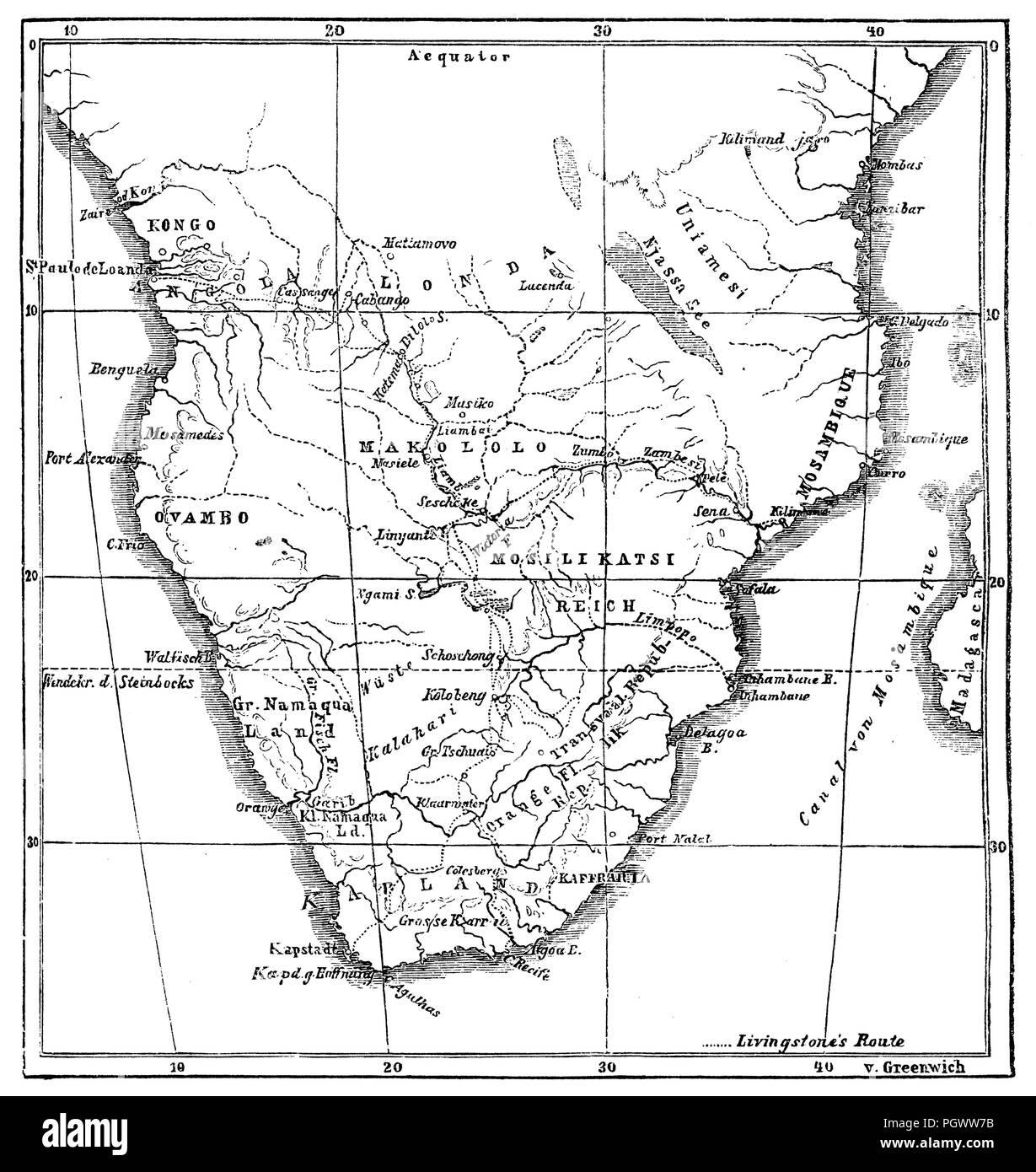 Outline map of the trips of Livingstone during the years 1849-1856 (according to his knowledge of South Africa),   1868 Stock Photo