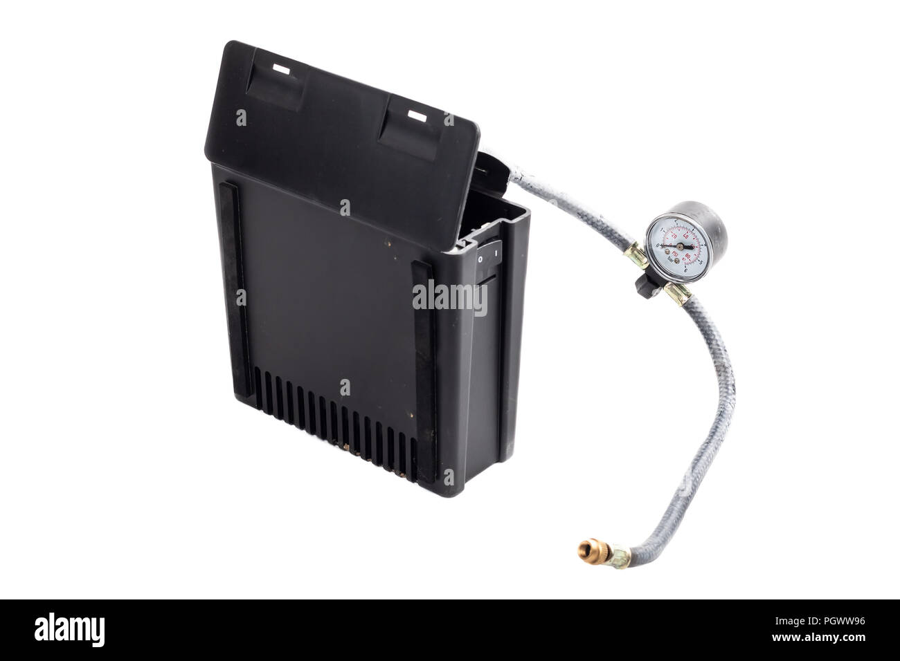 mini car air compressor on white background in studio Stock Photo