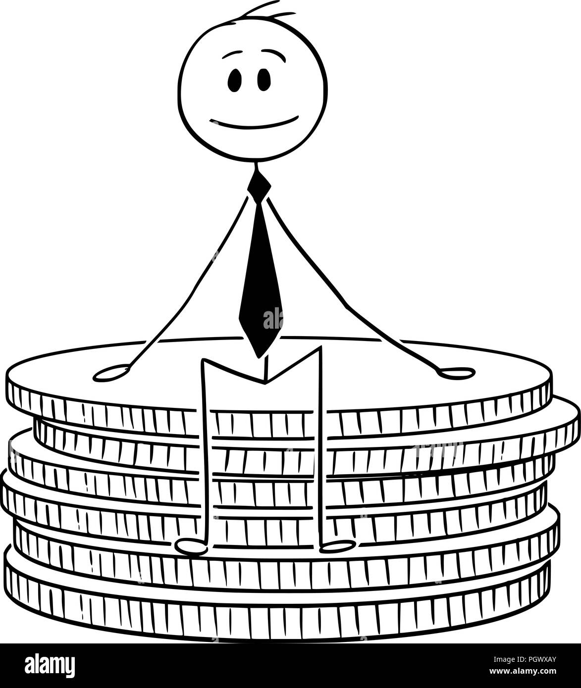 Cartoon of Businessman Sitting on Small Stack of Coins Stock Vector