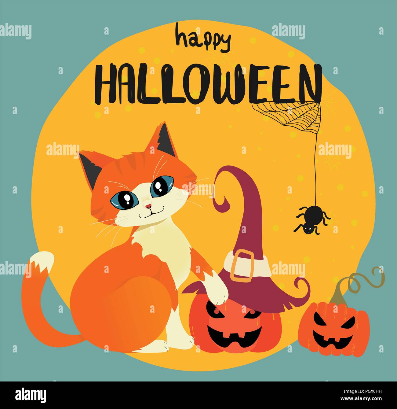 Happy Halloween card with hand drawn orange cat and pumpkins against full moon Stock Vector