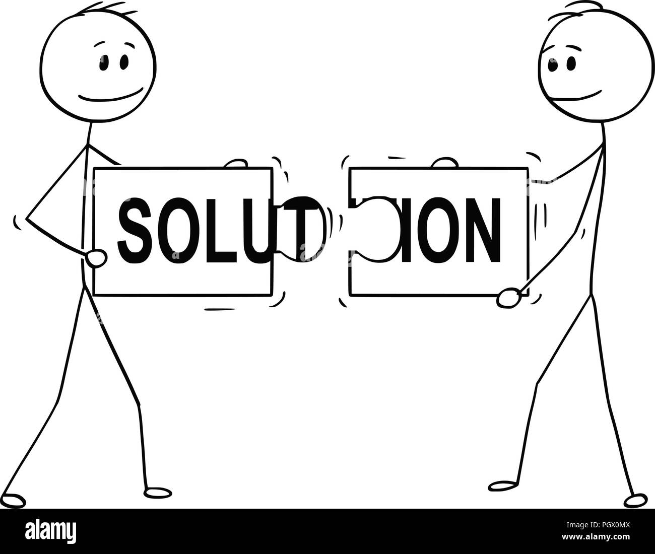 Cartoon of Two Businessmen Holding and Connecting Matching Pieces of Jigsaw Puzzle With Solution Text Stock Vector
