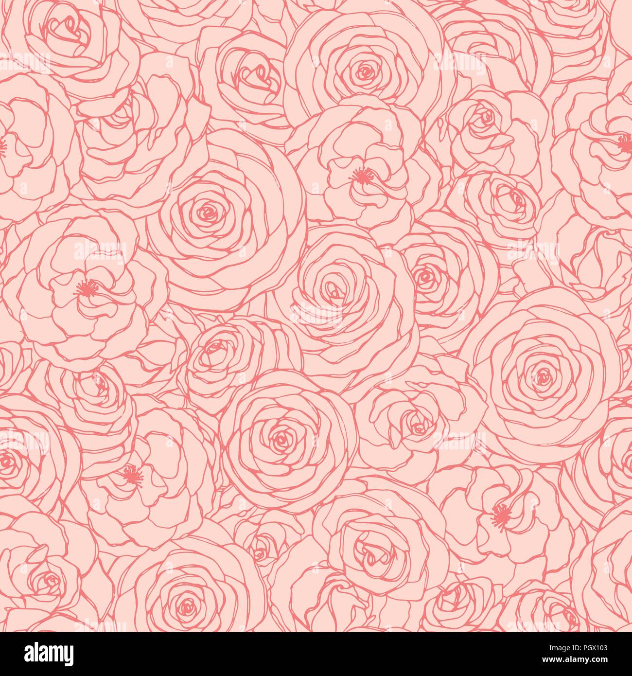 Flower Pattern Roses Outline Vector seamless pattern with rose flowers outline on the pink ...