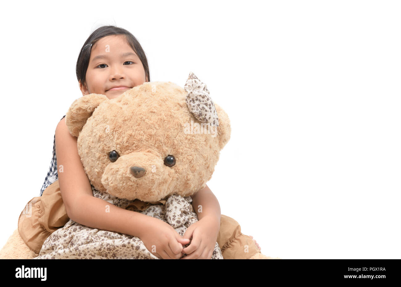 Cute Girl Hugging Big Teddy Bear Isolated On White Background Love And Funny Concept Stock Photo Alamy