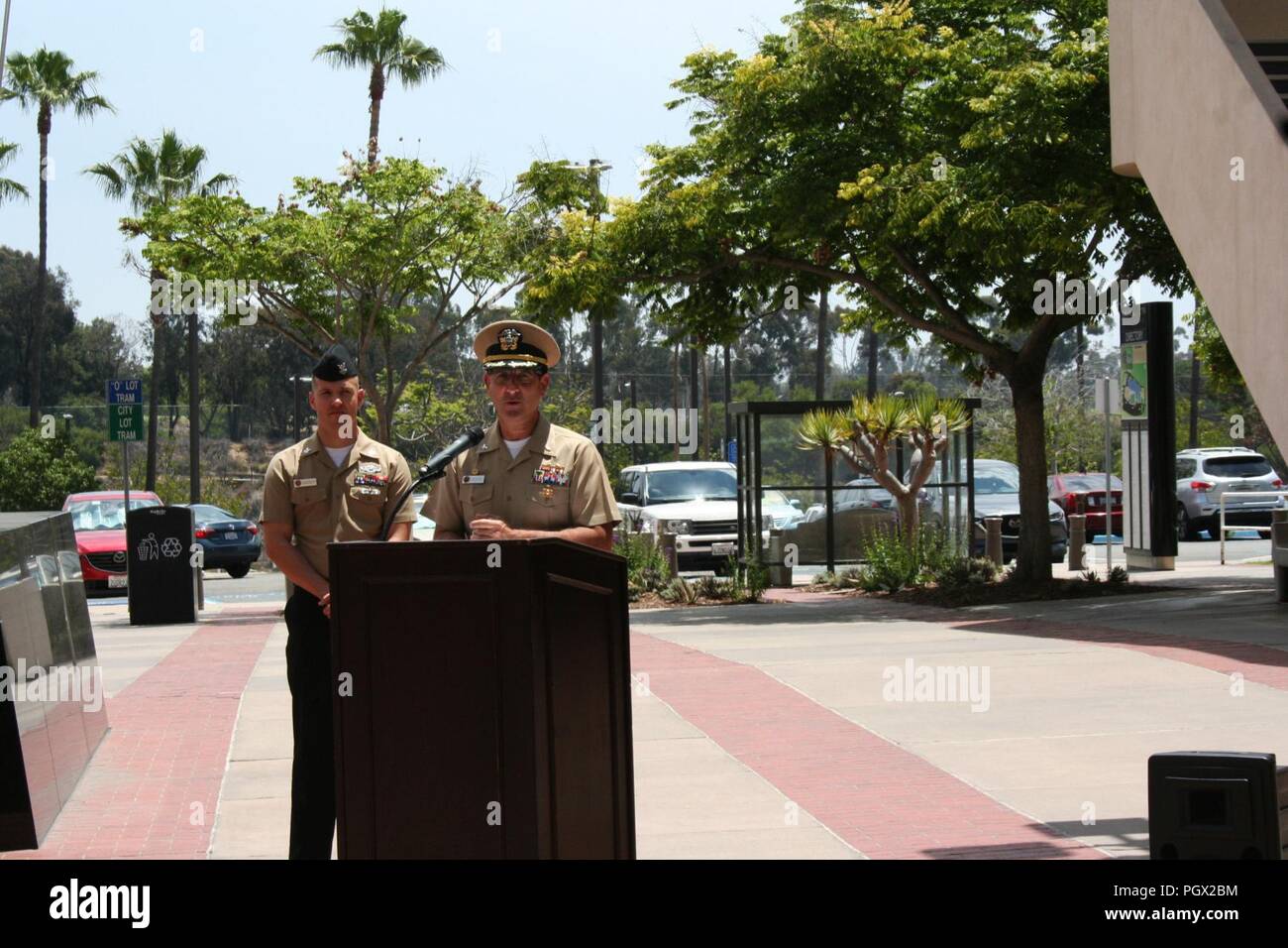 Capt. Joel Roos, commanding officer, Naval Medical Center San Diego, provides remarks during a midday ceremony held at Naval Medical Center San Diego, June 15, 2018, in observance of the U.S. Navy Hospital Corps’ 120th birthday. Traditionally, Hospital Corpsmen pause annually to observe the Hospital Corps birthday. Stock Photo
