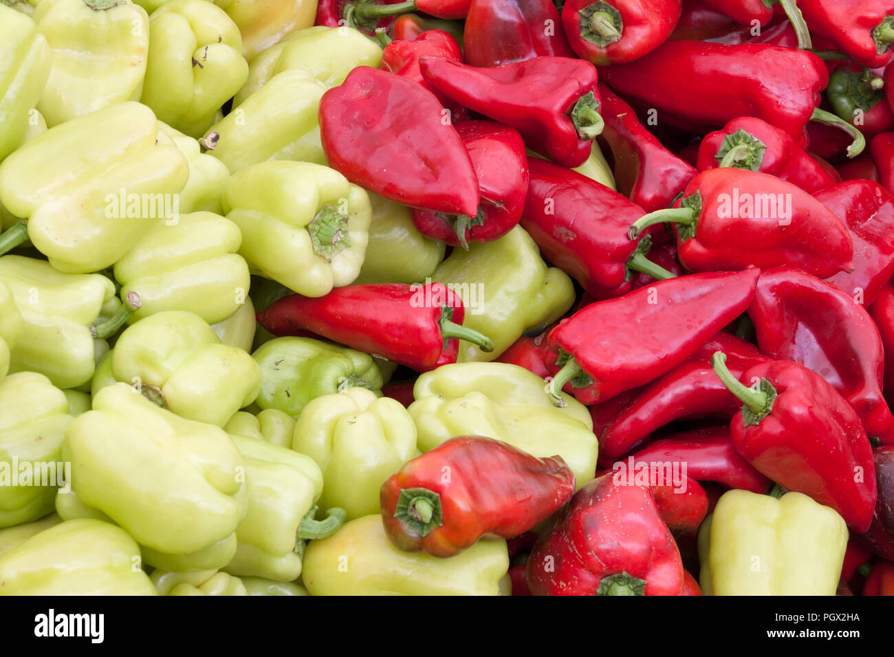 Green and red peppers as backround for sale at grocery Stock Photo - Alamy