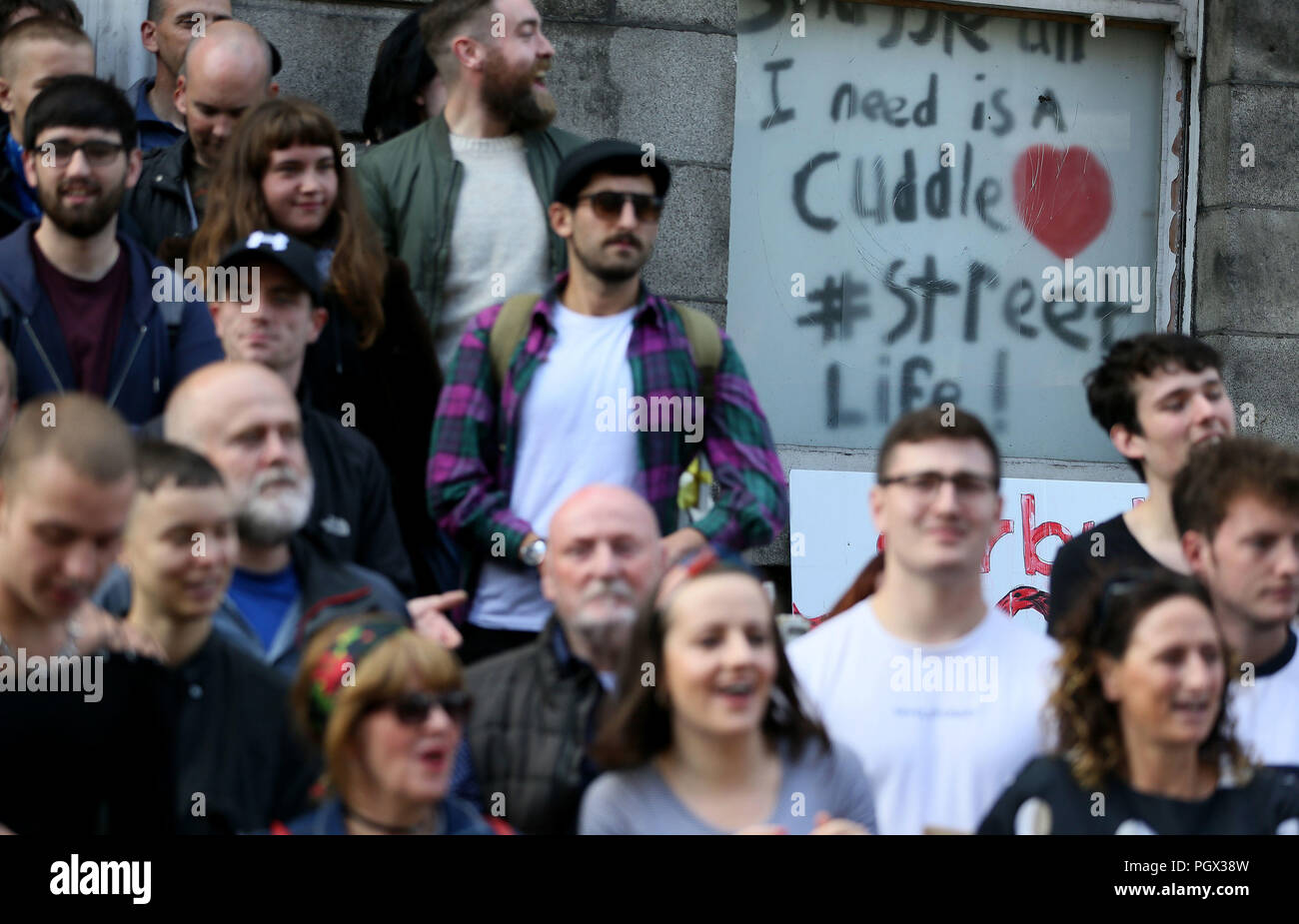 People attend a rally outisde 34 Frederick St North in support of the occupiers of the building in Dublin's city centre following a High Court injunction ordering them to leave by 2pm today. Stock Photo