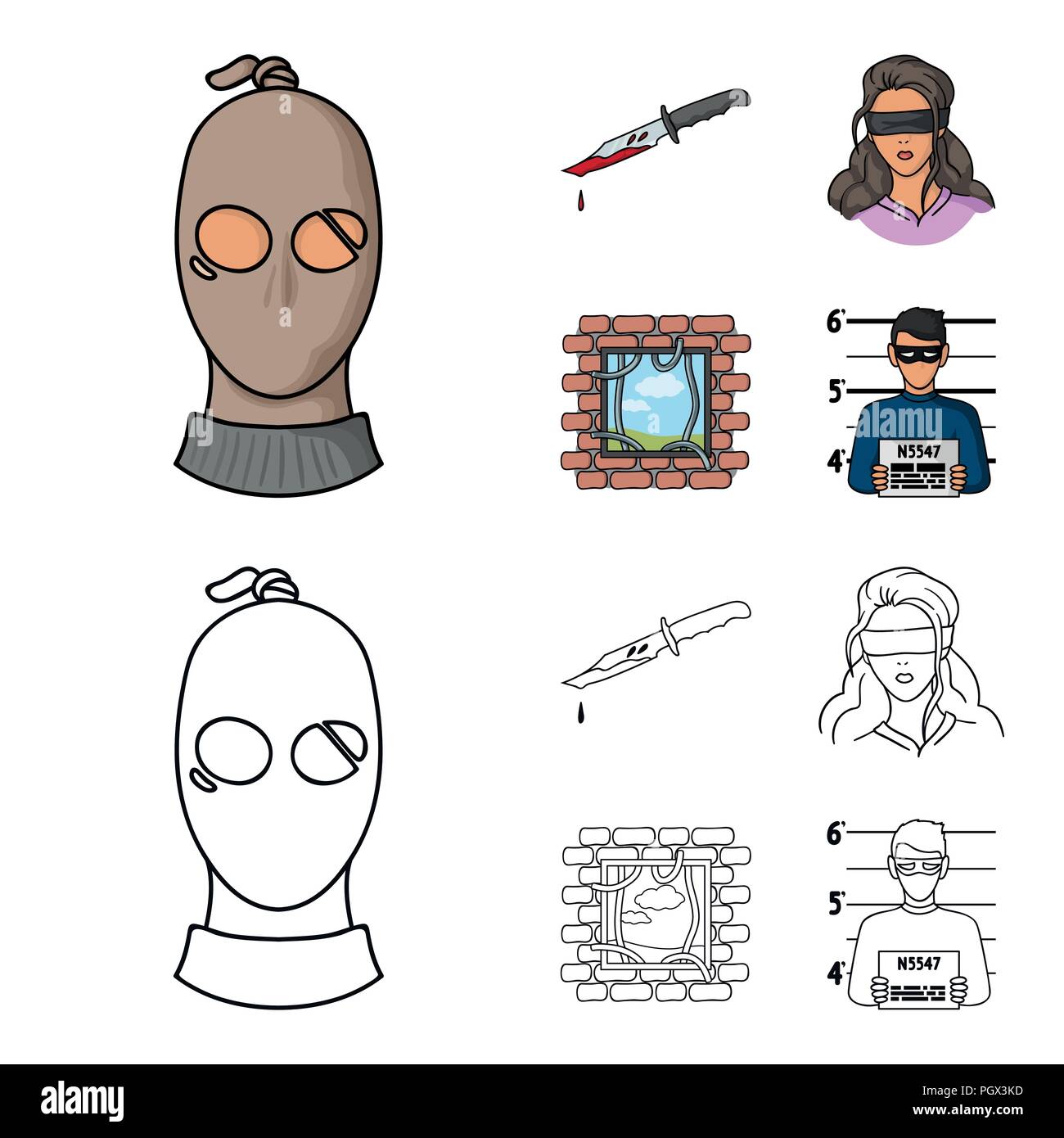 A thief in a mask, a bloody knife, a hostage, an escape from prison.Crime set collection icons in cartoon,outline style vector symbol stock illustrati Stock Vector