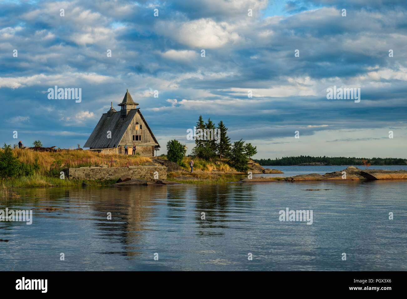 Old russian Orthodox wooden church in the village Rabocheostrovsk, Karelia. Stock Photo