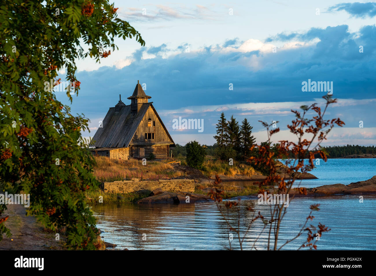 Old russian Orthodox wooden church in the village Rabocheostrovsk, Karelia. Stock Photo