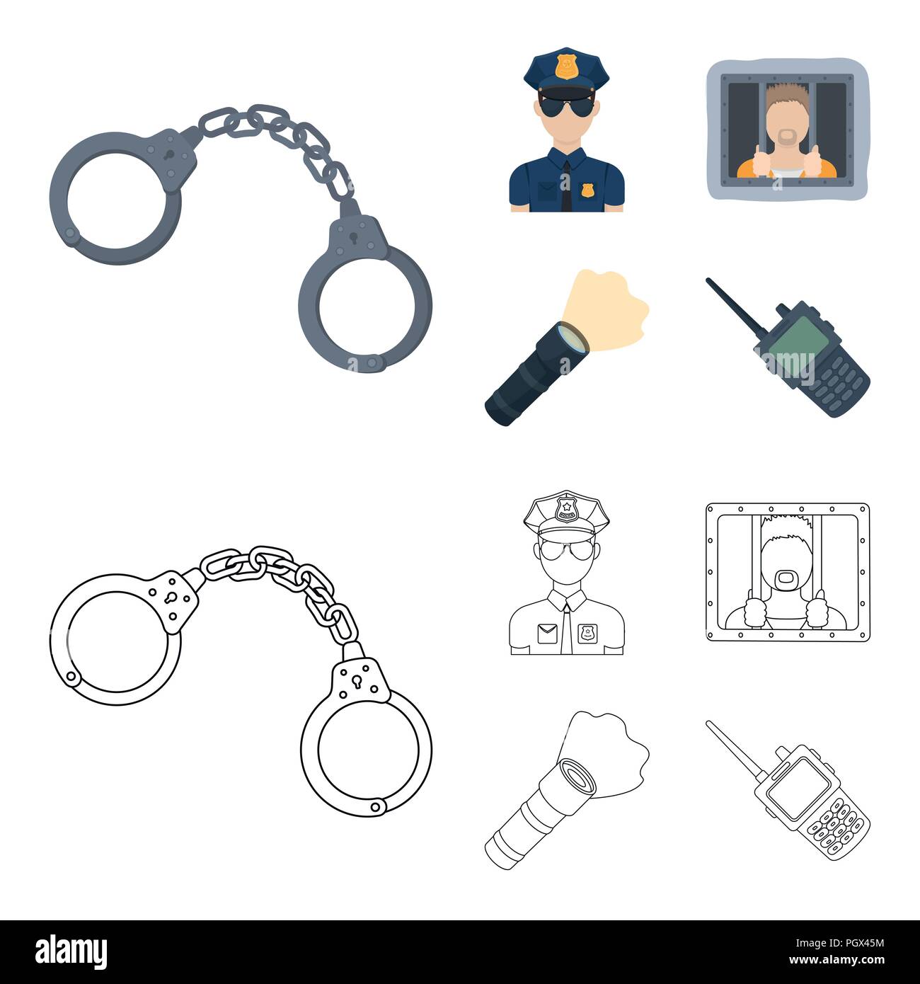 Handcuffs, policeman, prisoner, flashlight.Police set collection icons in cartoon,outline style