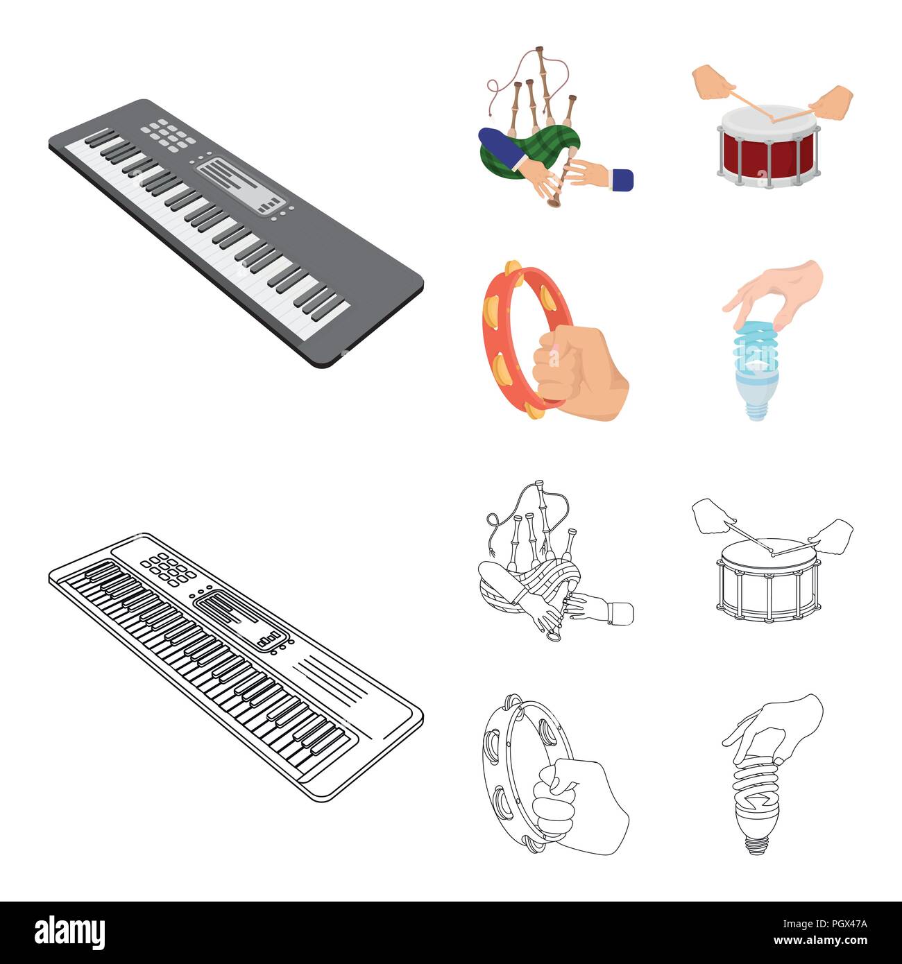 Synthesizer melodies, bagpipes Scotch and other  icon in cartoon,outline style. drum, drum roll, tambourine in hand icons in set collection. Stock Vector