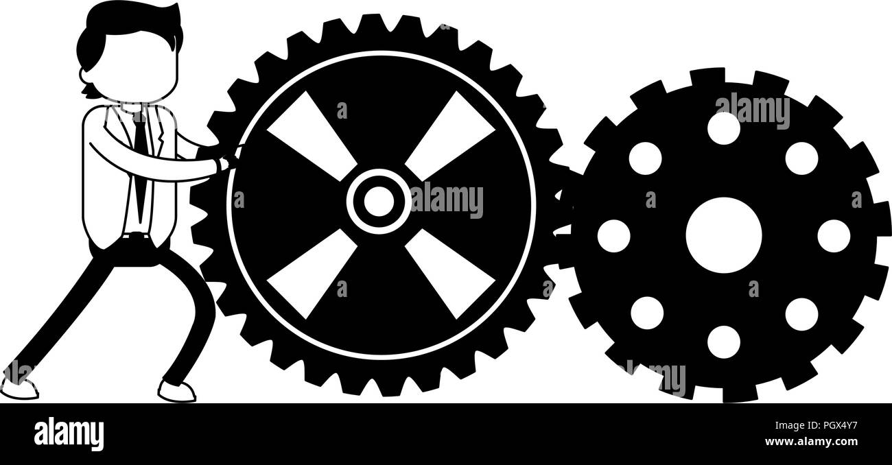 Businessman pushing gears in black and white Stock Vector Image & Art ...