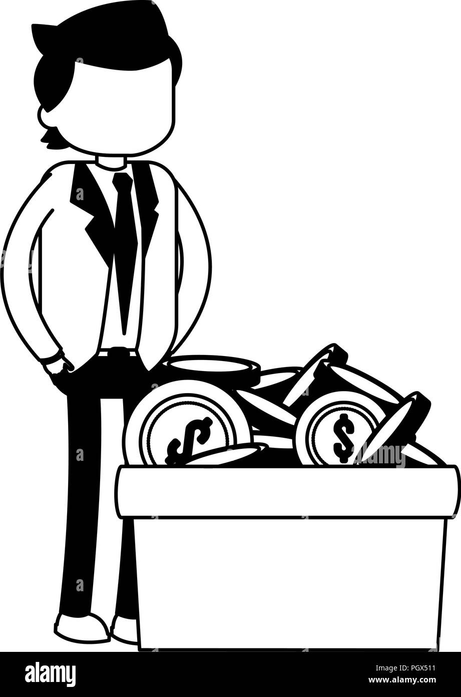 Businessman with coins in box in black and white Stock Vector Image ...