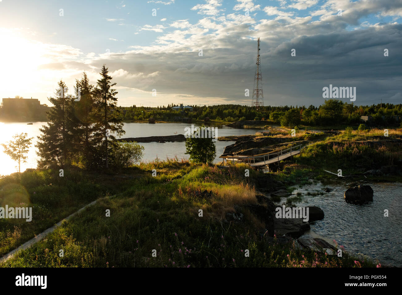 Beautiful landscape in Rabocheostrovsk, Karelia at summer. Stock Photo