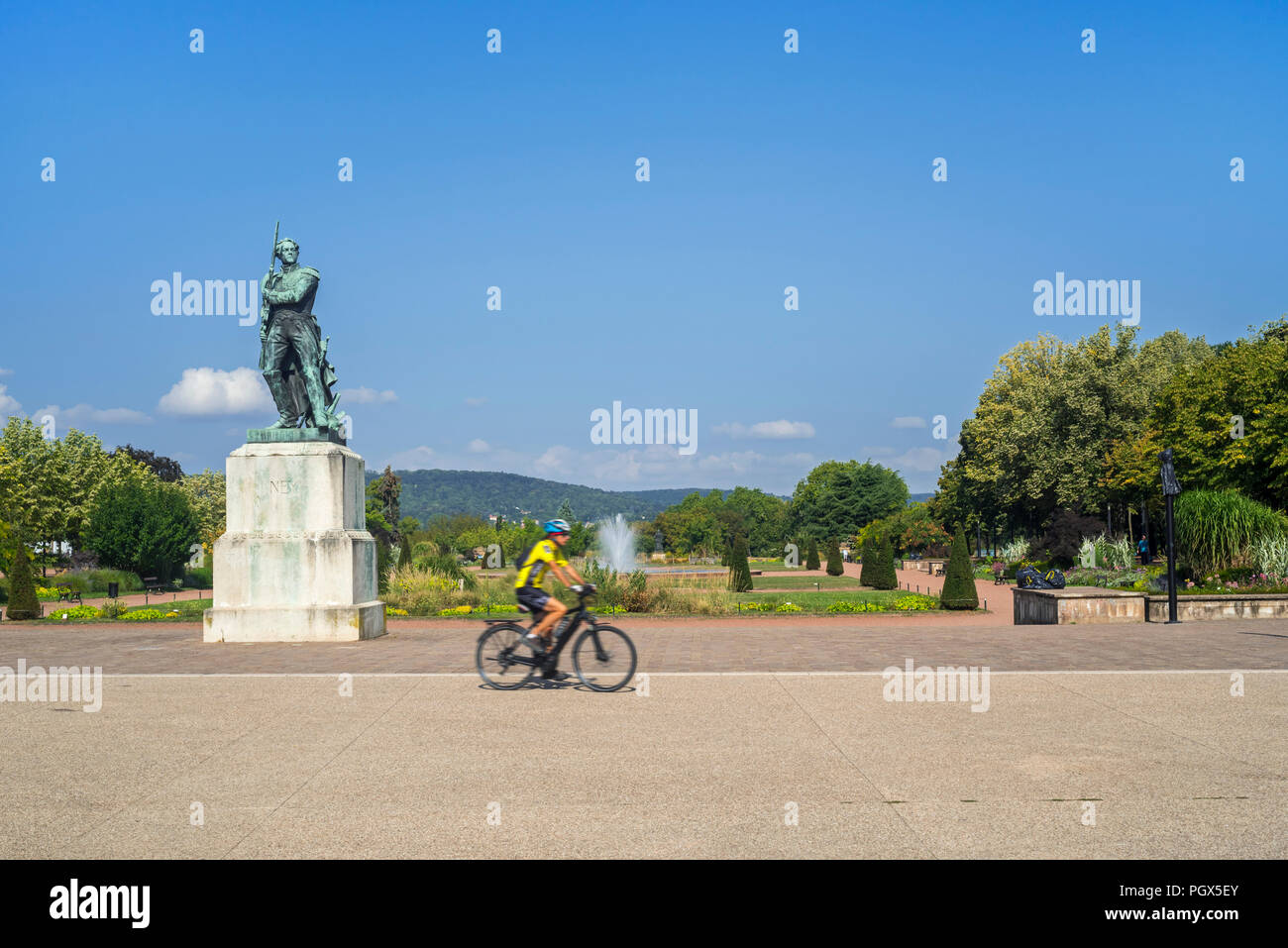 Marechal Ney monument / statue of Marshall Ney and cyclist in the Esplanade in the city Metz, Moselle, Lorraine, France Stock Photo