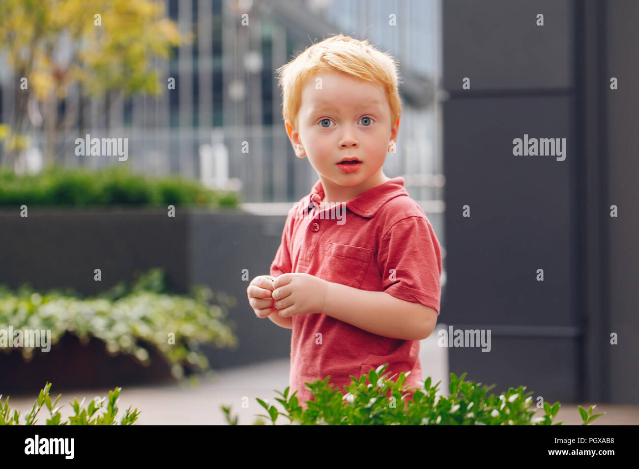 Closeup portrait of cute adorable little red-haired Caucasian boy child in red t-shirt standing in park outside looking in camera. Happy lifestyle chi Stock Photo