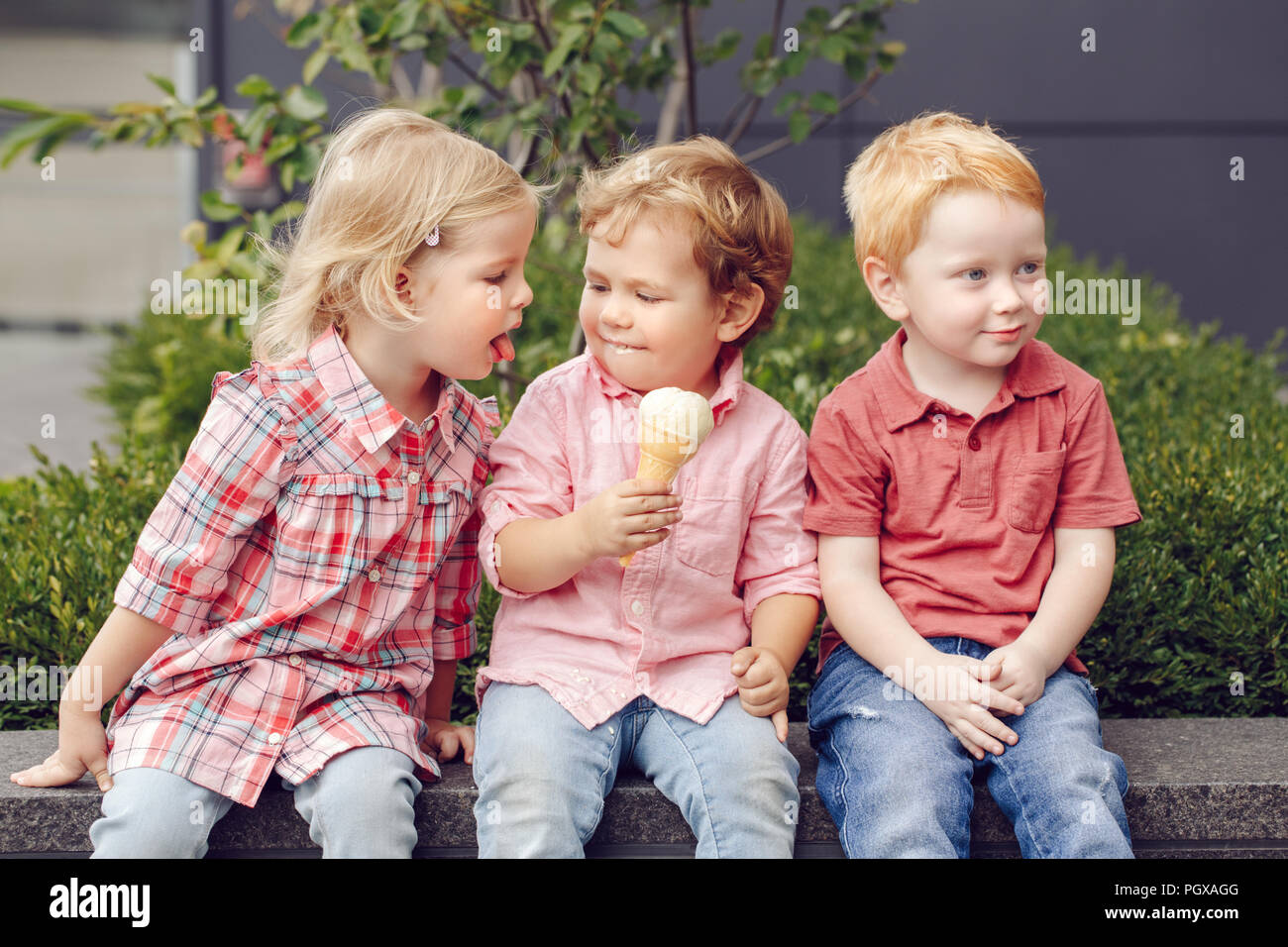 Group portrait of three white Caucasian cute adorable funny children  toddlers sitting together sharing ice-cream food. Love friendship jealousy  concep Stock Photo - Alamy