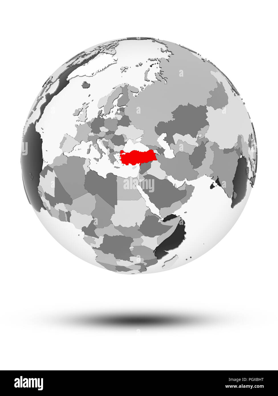 Turkey on globe with translucent oceans isolated on white background ...
