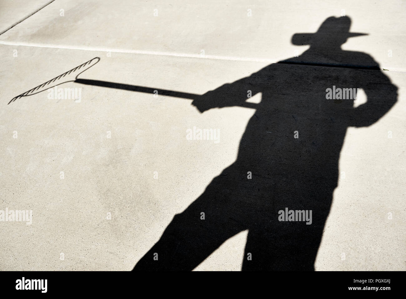 Shadow of a Person holding a metal rake reflected on a cement slab