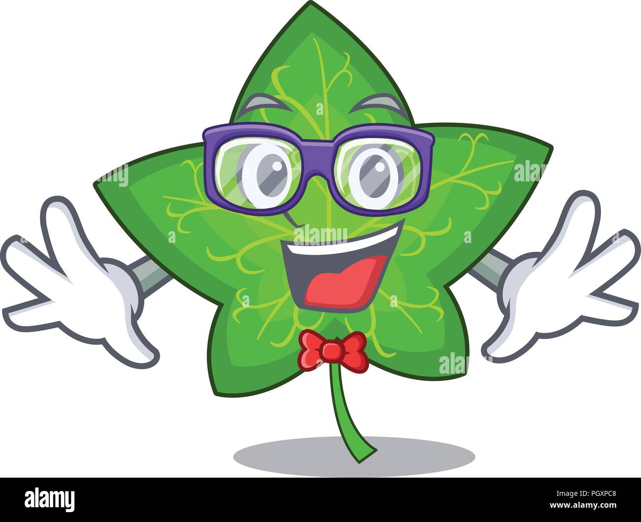 Geek green ivy leaf on character cartoon vector illustration Stock