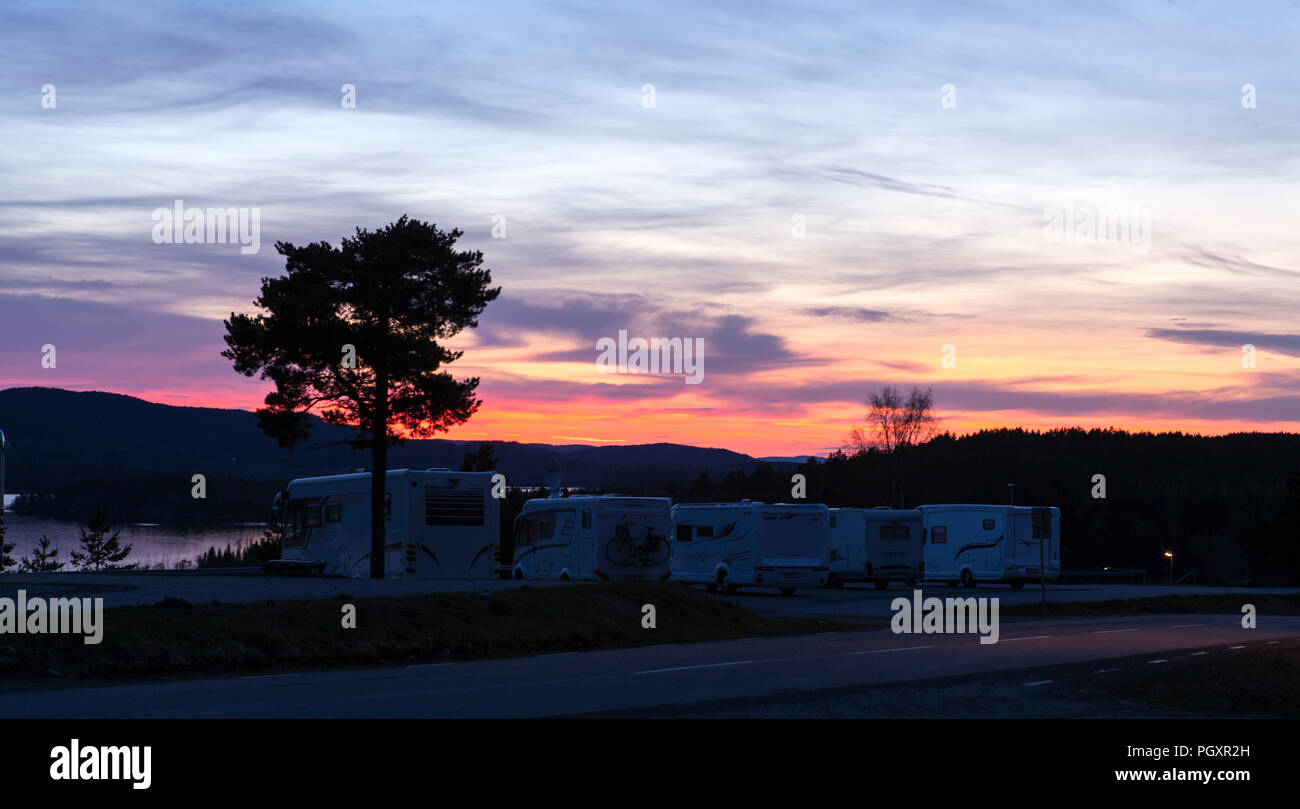 HORNOBERGET, SWEDEN ON MAY 08, 2018. View from the parking lots by the Hotel High Coast. Campers, late evening. Editorial use. Stock Photo