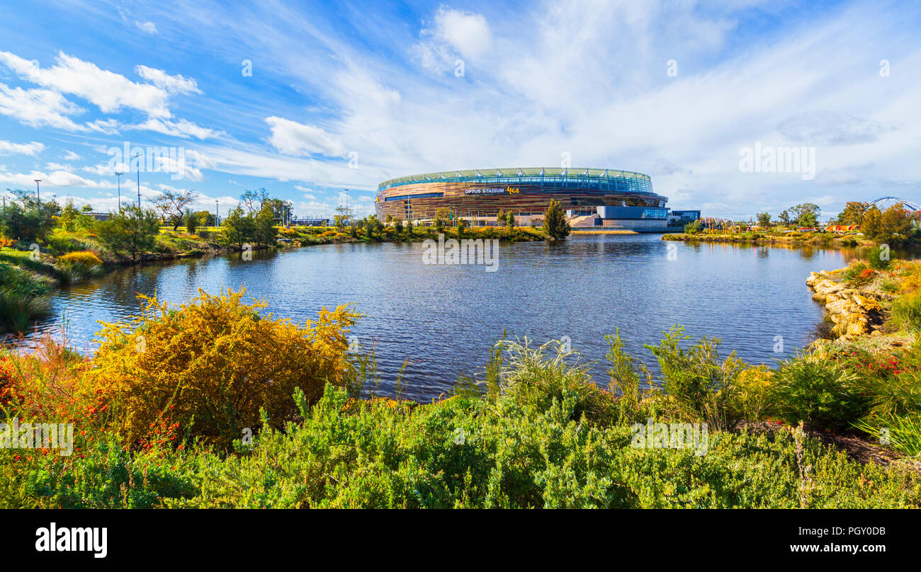 Optus Stadium surrounded by a lake and parkland. Perth, Western Australia Stock Photo
