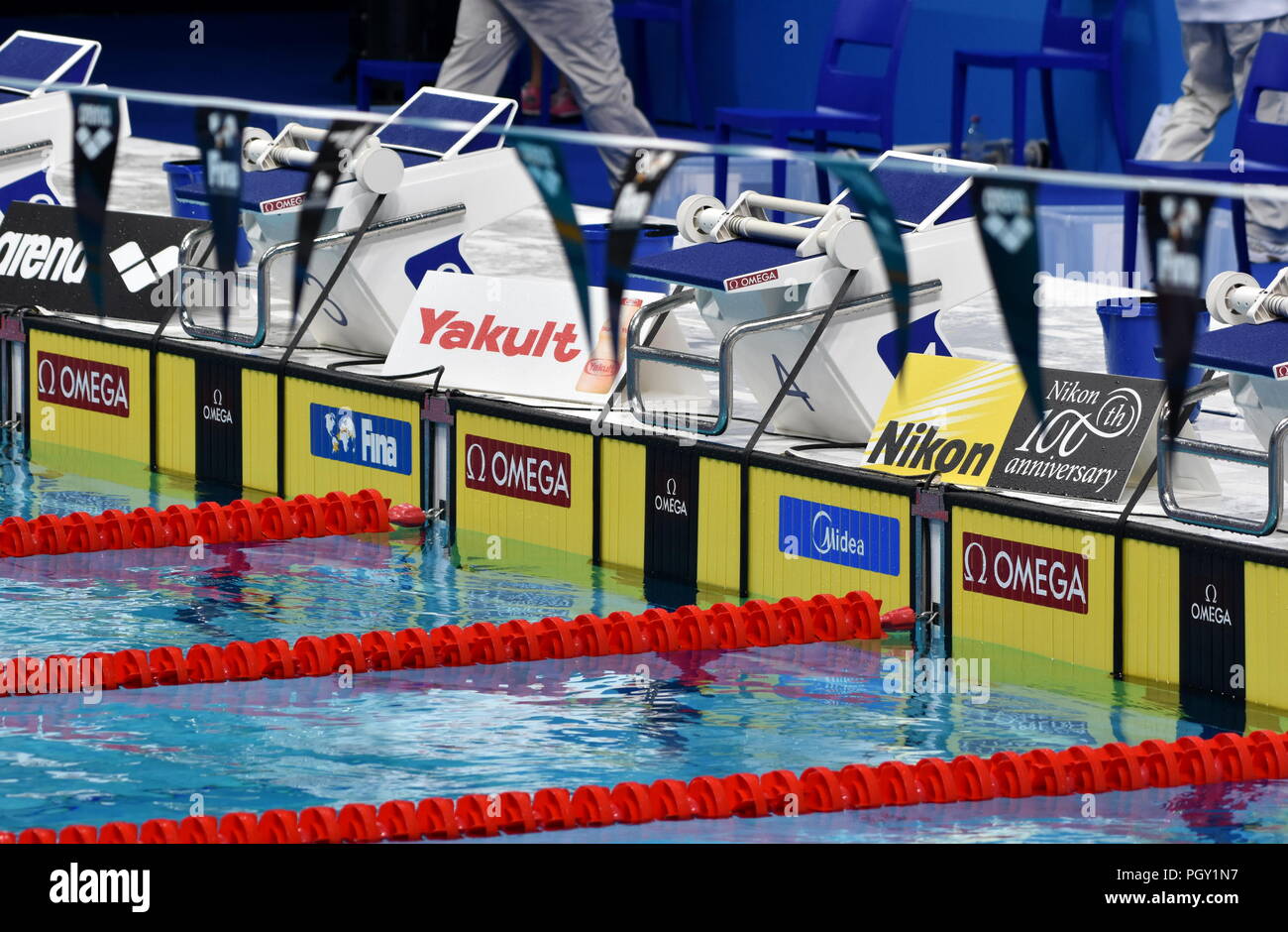 Budapest, Hungary Jul 26, 2017. Starting blocks and lanes at the swimming pool. FINA Swimming