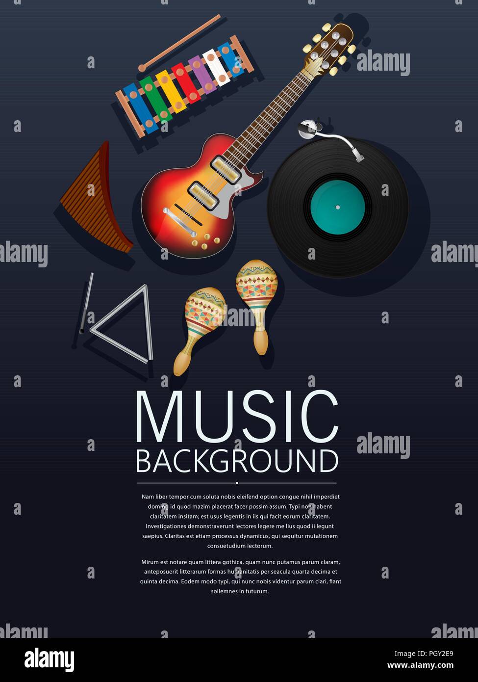 Background with musical instruments and text Stock Vector