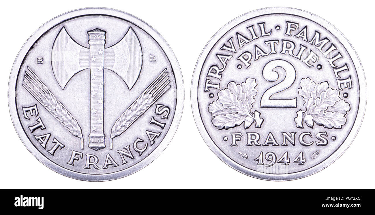 French 2 Franc aluminium coin, 1944, issued by the Vichy French State headed by Marshal Philippe Pétain during German occupation of much of France in  Stock Photo