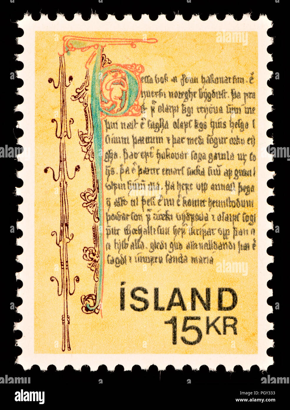 Iceland postage stamp (1970) with Icelandic manuscript Stock Photo