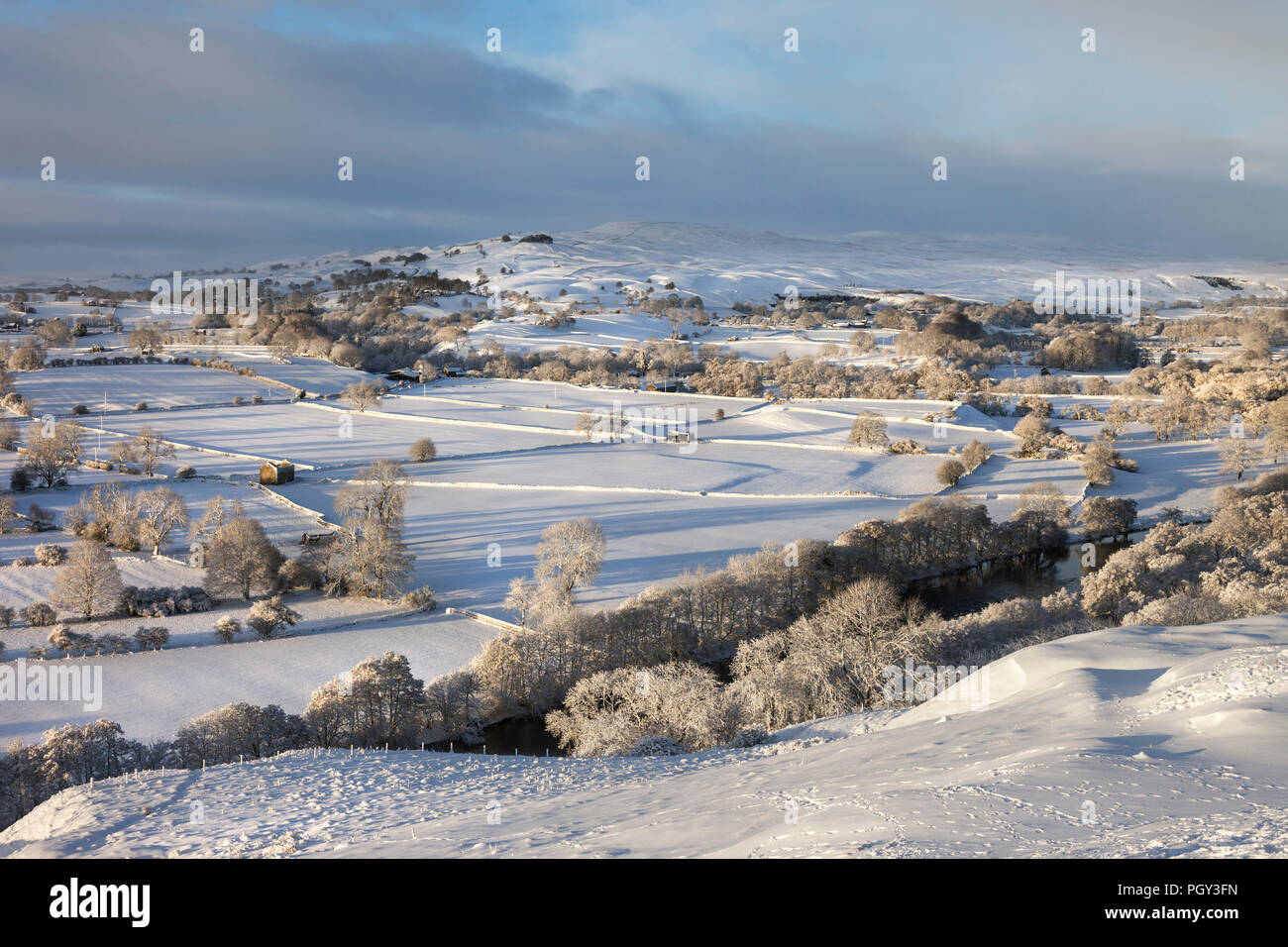 The View Across the Tees Valley Towards Harter Fell and Kirkcarrion from Whistle Crag in Winter, Middleton-in-Teesdale, County Durham, UK. Stock Photo