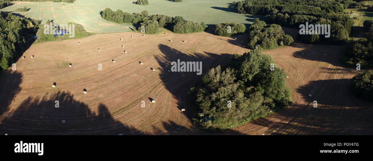Harvested farm meadow panorama with dried hay bales, aerial view Stock Photo