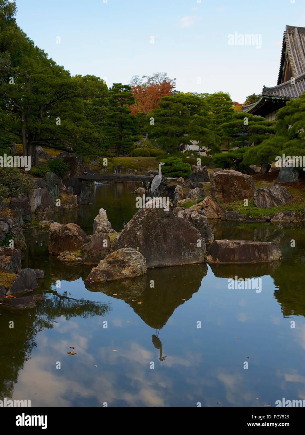 Photo shows the pond and gardens of the Ninomaru Palace inside Nijo