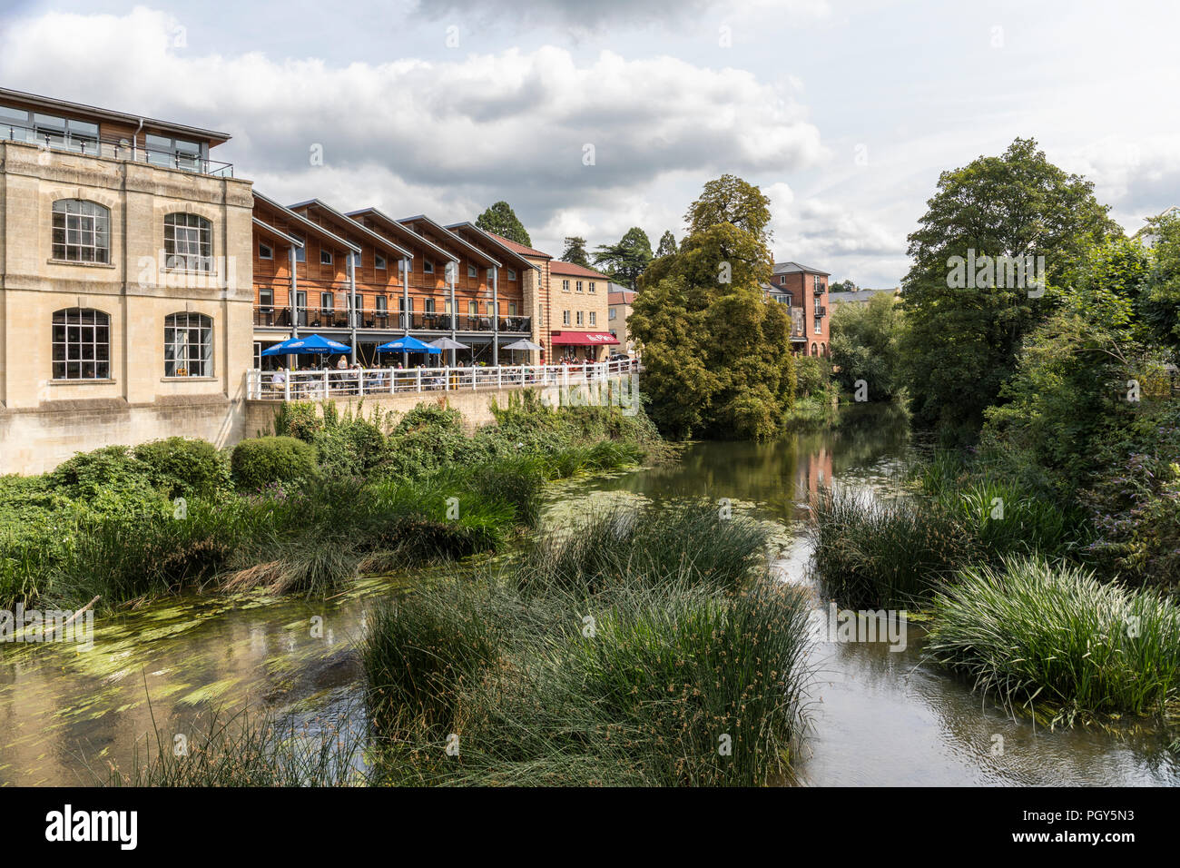 Historic town of Bradford on Avon picturing Kingston Mills and The Weaving Shed Restaurant. River Avon grasses due to low river level. Wiltshire, UK Stock Photo